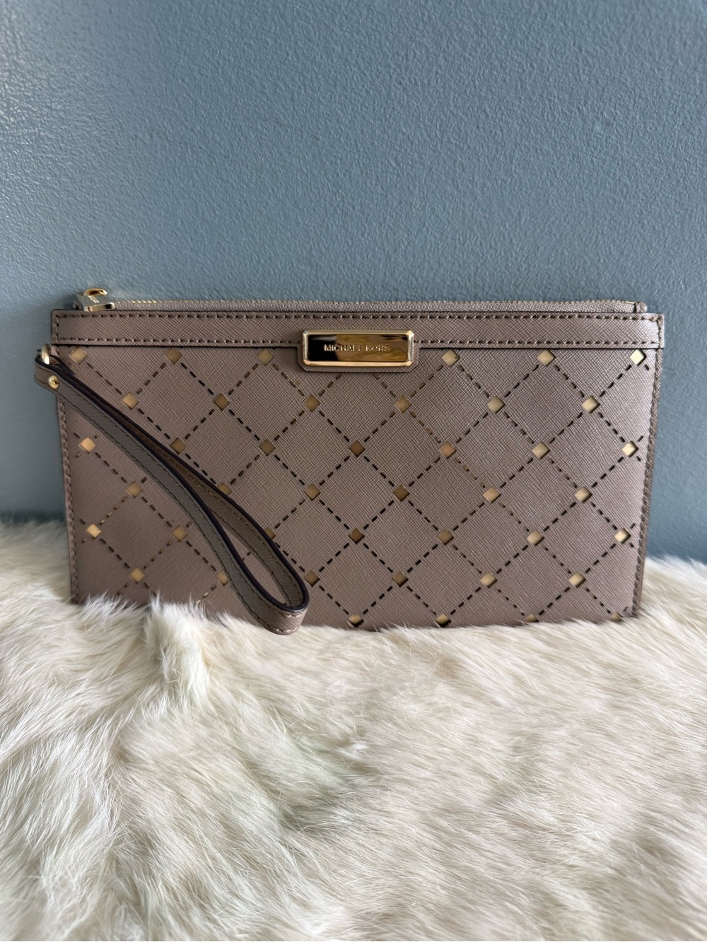 Michael Kors Jamey Taupe Saffiano Leather Clutch Wristlet